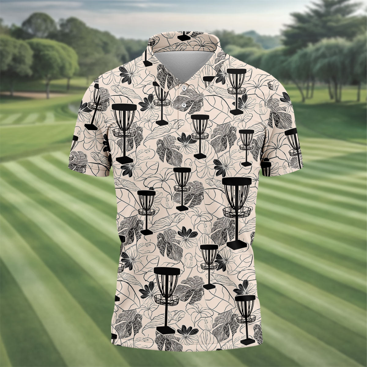 Minimalist Botanical Disc Golf Polo Shirt, Mens Golf Polo, Golf Shirts For Men