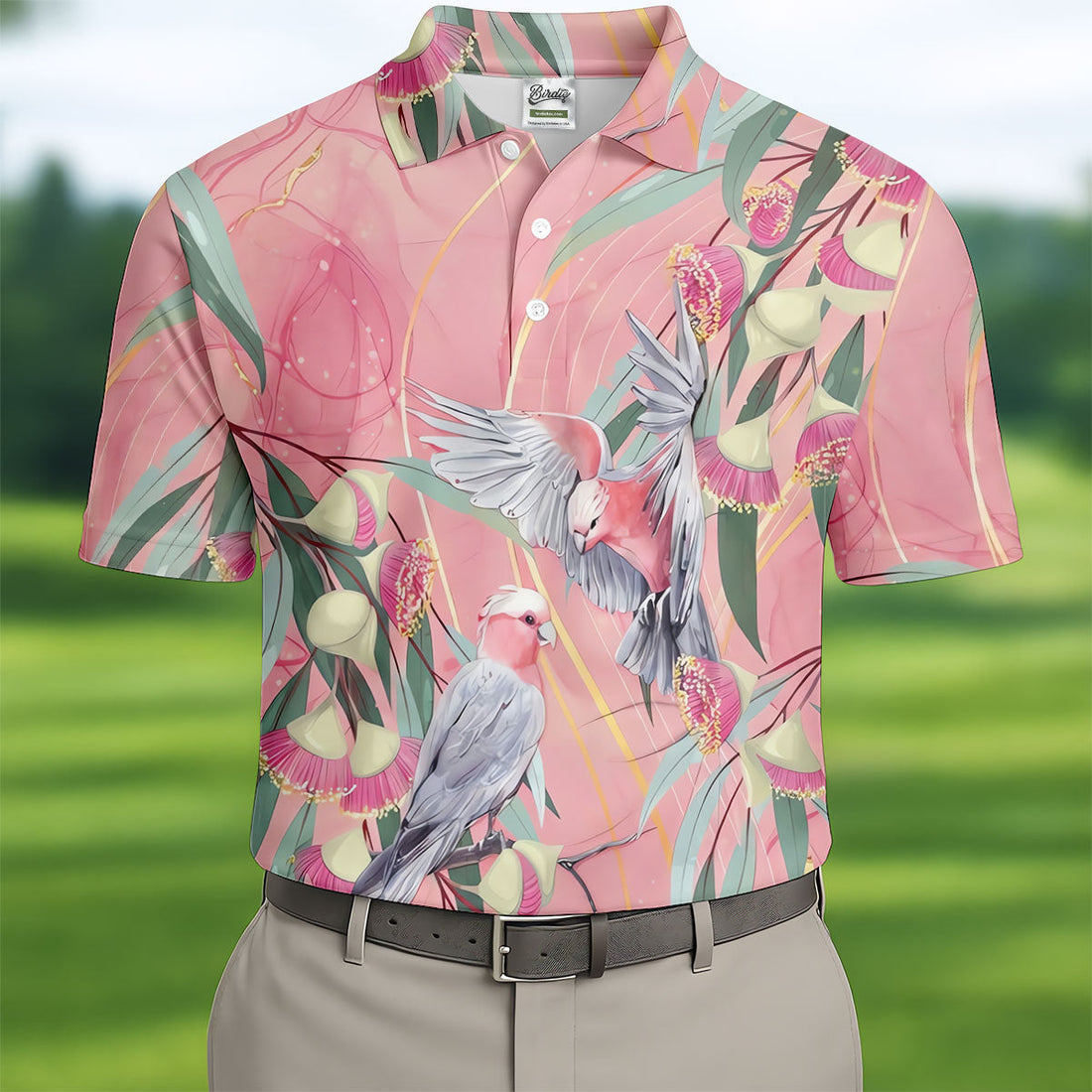 Pink Cockatoo Eucalyptus Floral Polo Shirt, Hawaiian Golf Shirt, Golf Shirts For Men