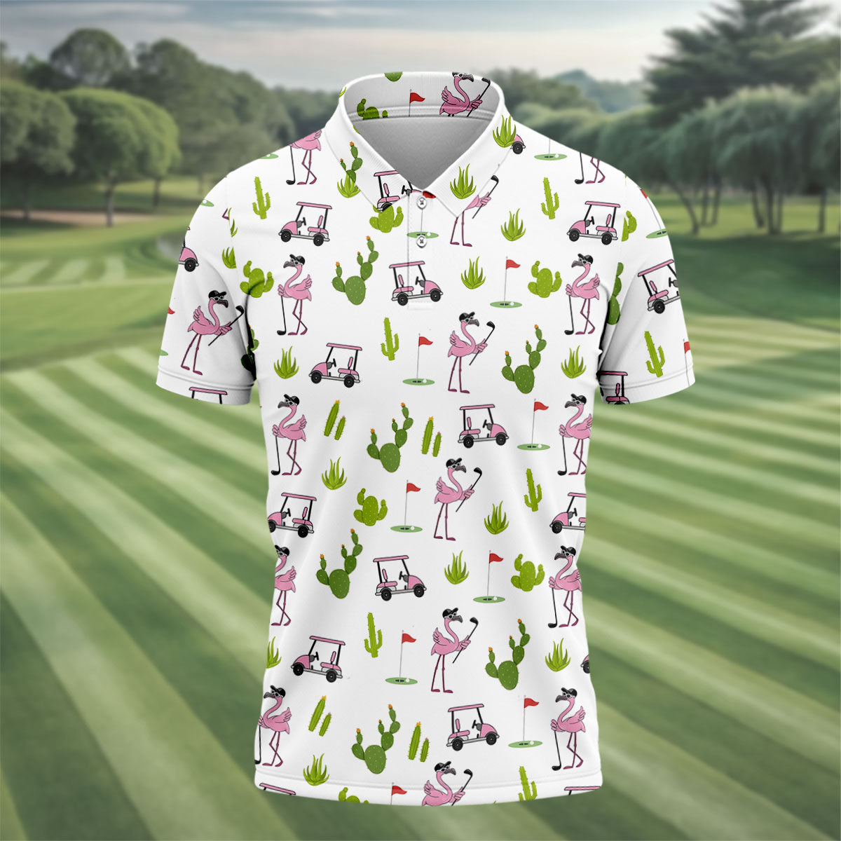 Pink Flamingo Golf Cart Cactus Hawaiian Golf Shirt, Mens Golf Polo, Golf Apparel For Men