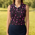 Black Pink Ribbon Heart Breast Cancer Polo Shirt, Ladies Golf Shirt, Women's Golf Tops