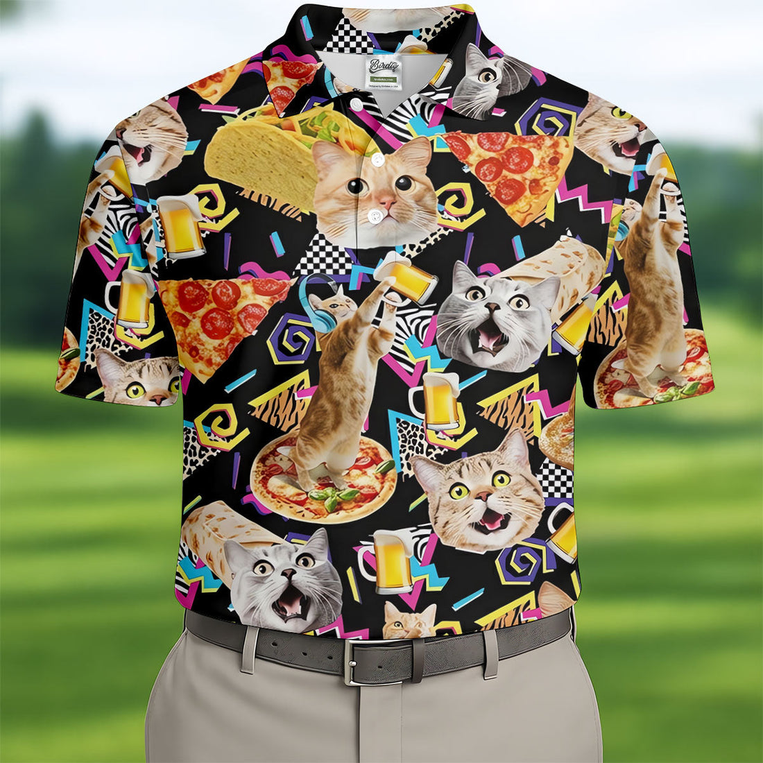 Retro Memphis Cats Enjoying Pizza, Beer Design Design Design Hawaiian Golf Polo, Golf Tops For Men, Golfing Apparel