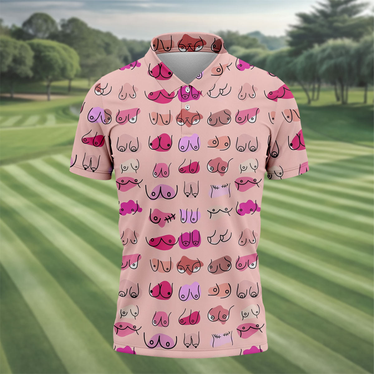 Pink Funny Boob Pattern Golf Polo Shirt, Men's Golf Shirts, Printed Golf Shirts