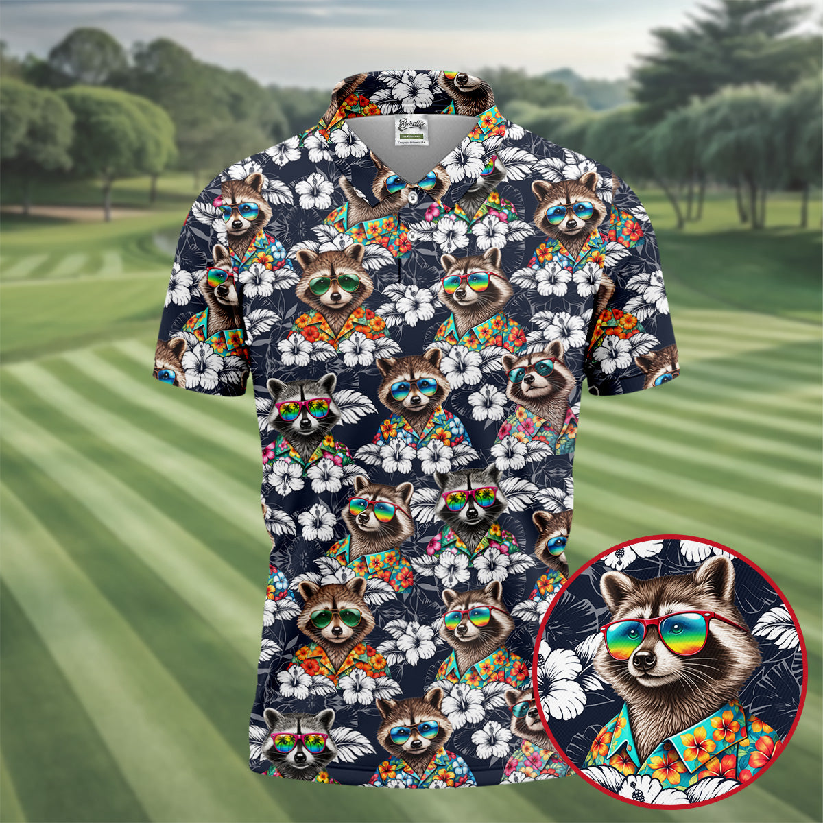 Cool Raccoons in Rainbow Sunglasses Hawaiian Golf Polo, Golf Tops For Men, Golfing Apparel