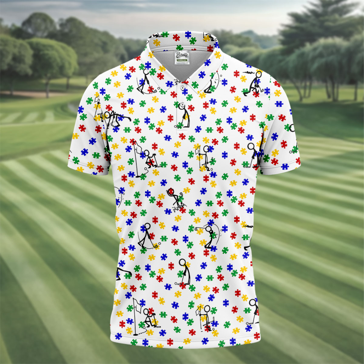 Funny Stick Figure Autism Puzzle Polo Shirts For Men, Autism Awareness Golf Shirt, Golfing Apparel