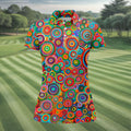 Colorful Abstract Circle Pattern Polo Shirt, Printed Golf Shirt, Hawaiian Golf Shirt, Women’s Golf Tops