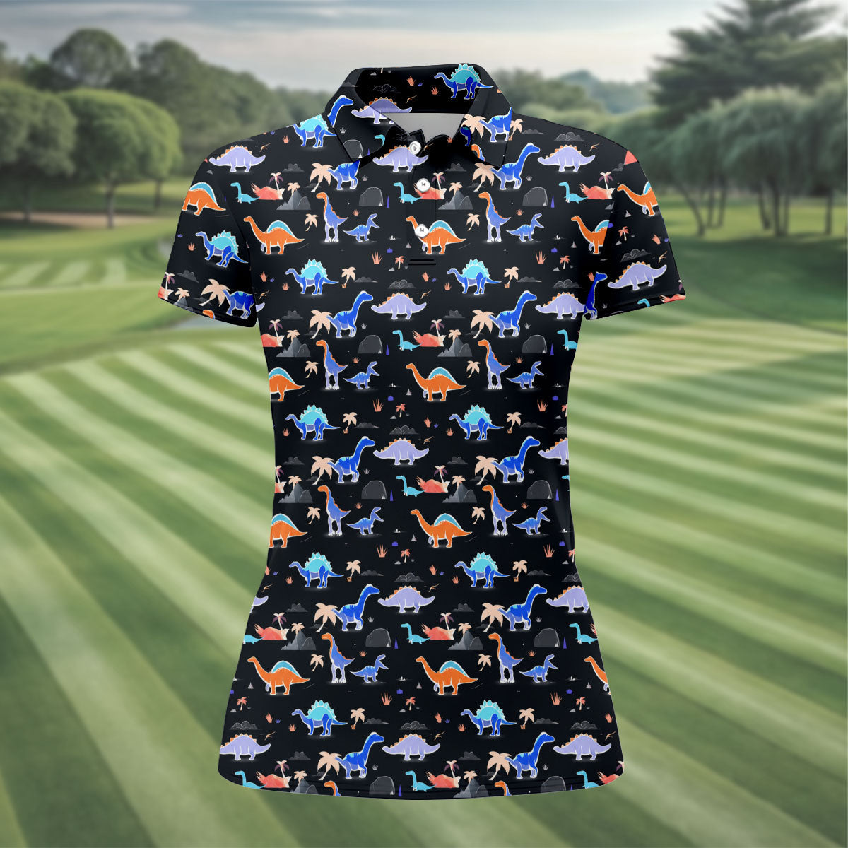 Colorful Dinosaur Hawaiian Golf Shirt, Cute Golf Outfit, Women's Golf Tops, Ladies Golf Shirts