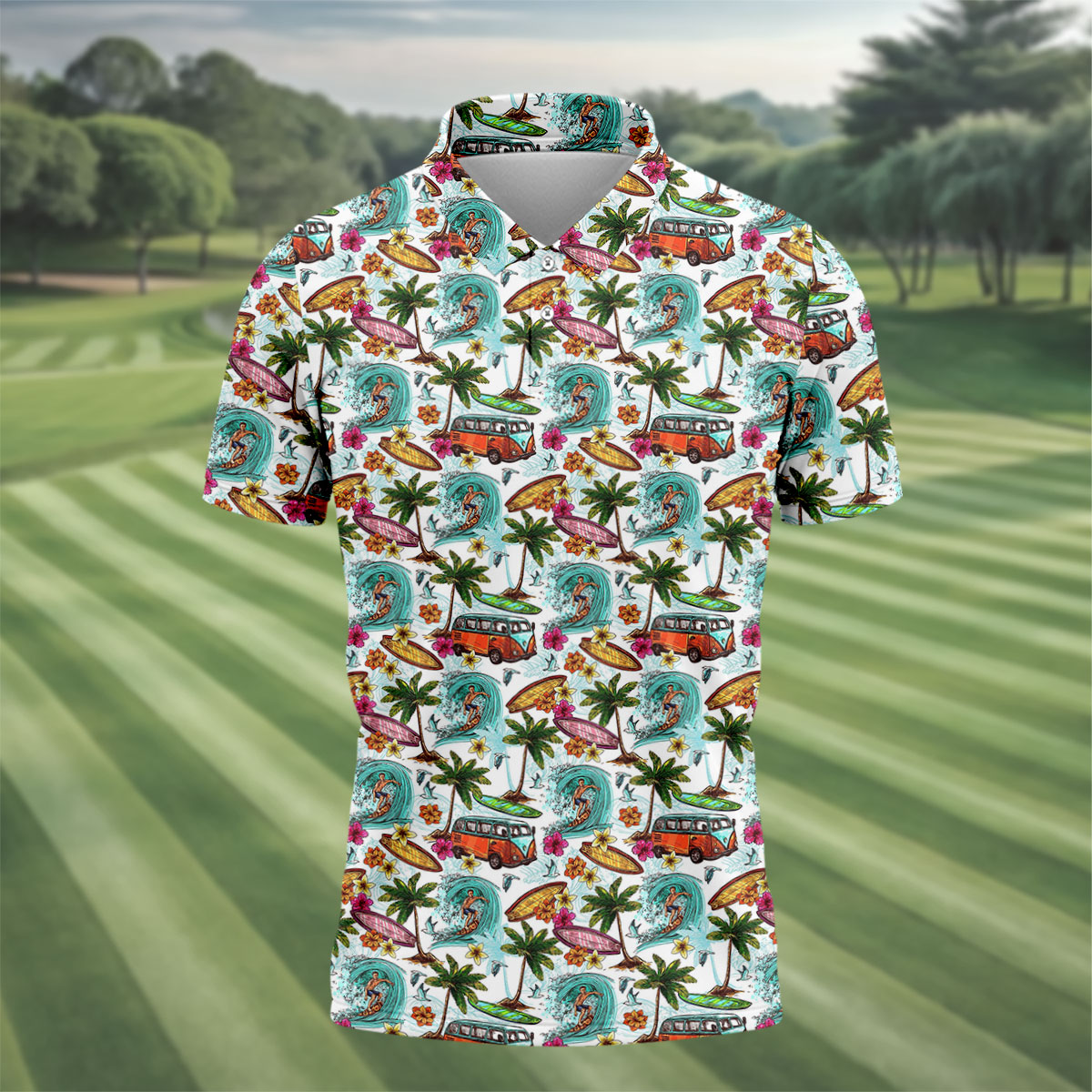 Tropical Trip Big Wave Riders Hawaiian Golf Shirt, Polo Shirts For Men, Golfing Apparel