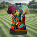 Abstract Colorful Cat Halloween Golf Polo Shirt, Women's Golf Tops, Golf Polo For Women