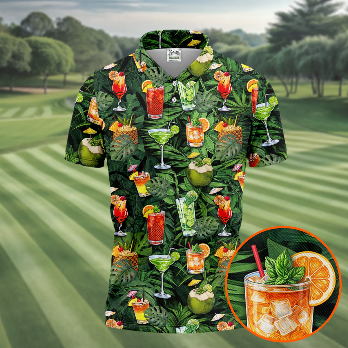 Tropical Cocktail Coconut And Palm Leaf Golf Polo, Hawaiian Golf Shirt, Mens Golf Apparel