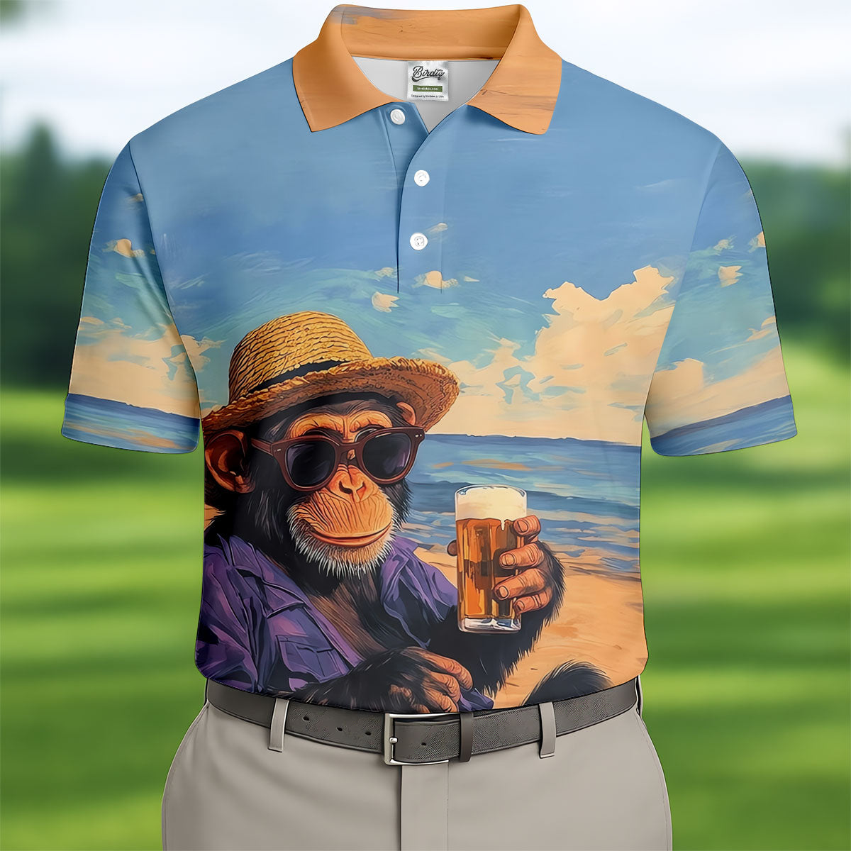 Beach Monkey Sky Sand Hawaiian Golf Polo, Golf Tops For Men, Golfing Apparel