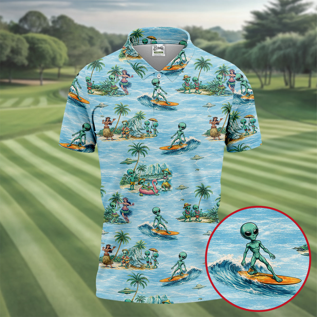 Green Alien Riding Waves on Tropical Island Beach Hawaiian Golf Polo, Golf Tops For Men, Golfing Apparel