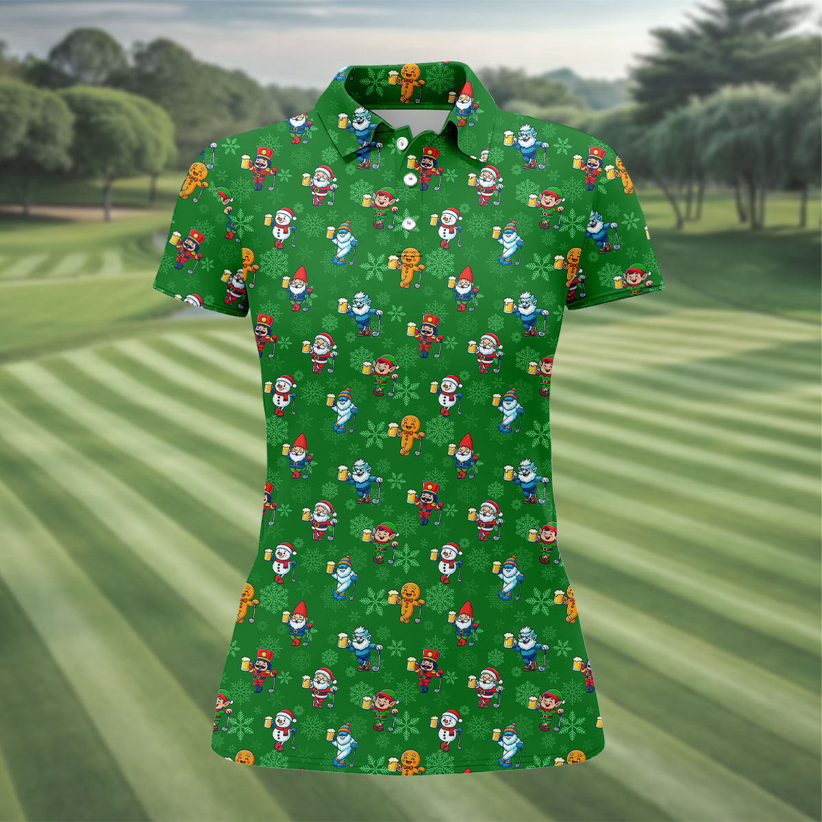 Christmas Characters Golf And Beer Green Women's Funny Golf Shirts, Christmas Golf Shirt, Polo Shirts For Women