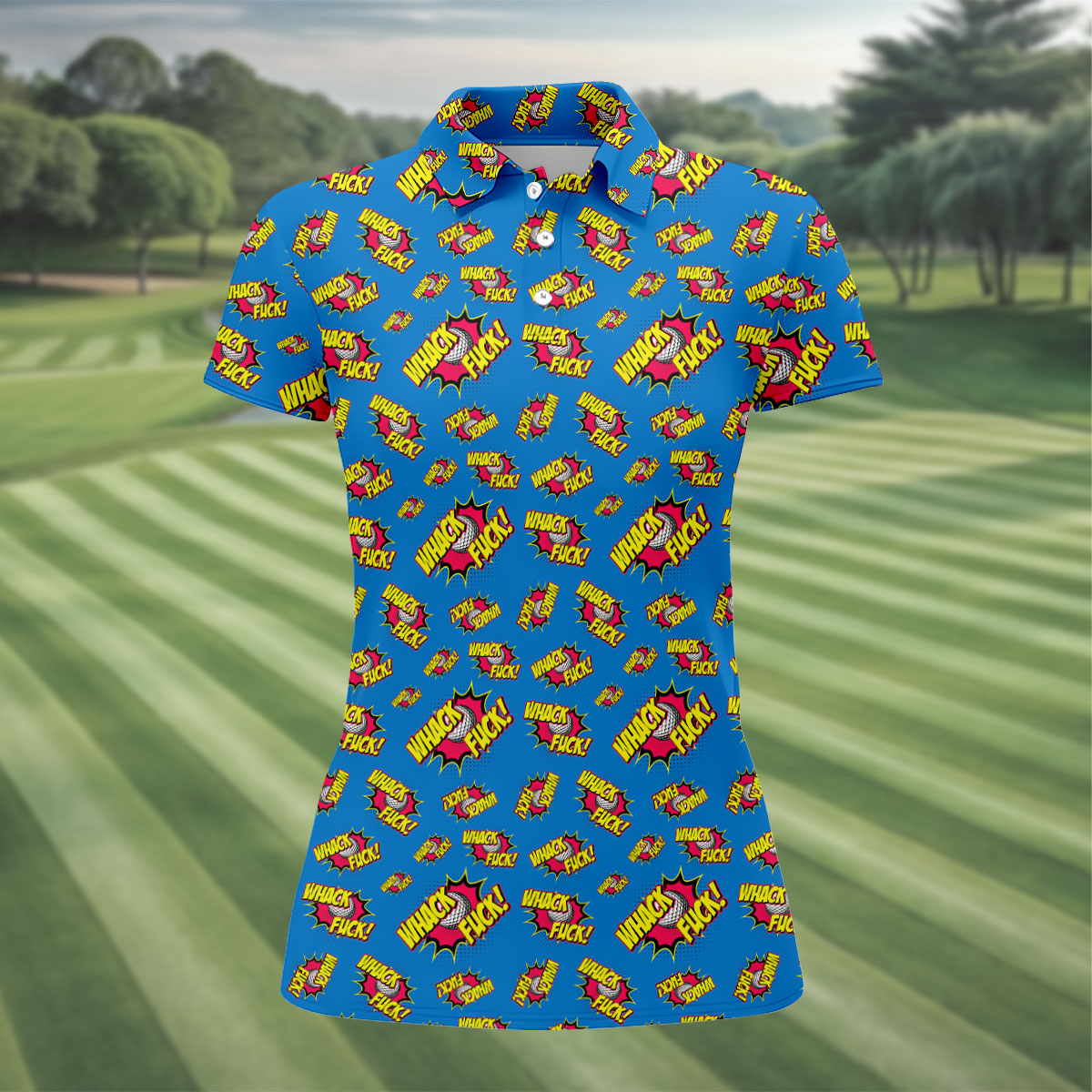 Whack F*ck Comic Golf Ball Pattern Golf Shirt, Women's Golf Tops, Golf Shirts For Women