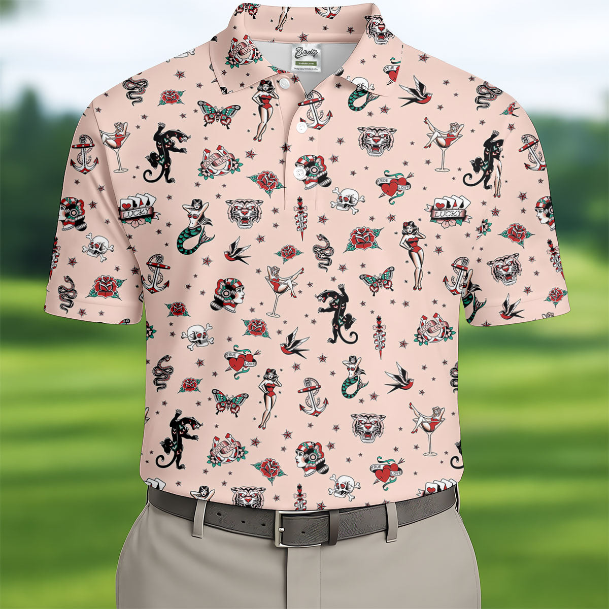 Vintage Tattoo Flash Icon Golf Polo Shirt, Golf Polo Shirts For Men, Mens Golf Apparel