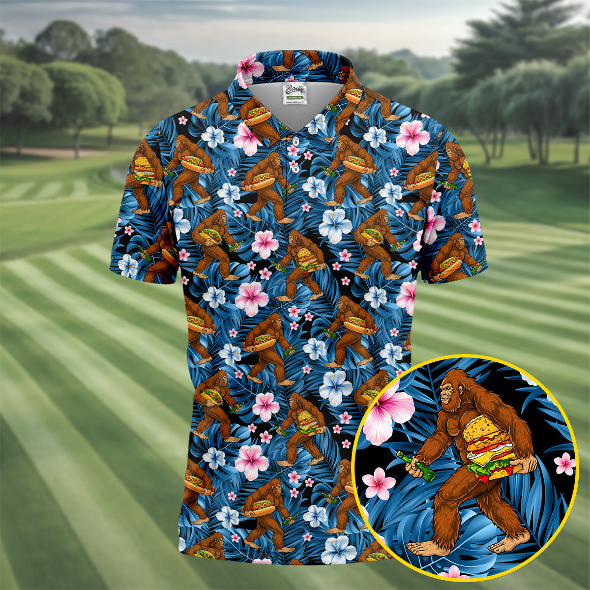 Tropical Bigfoot Burger Party Pattern Hawaiian Golf Polo, Golf Tops For Men, Golfing Apparel