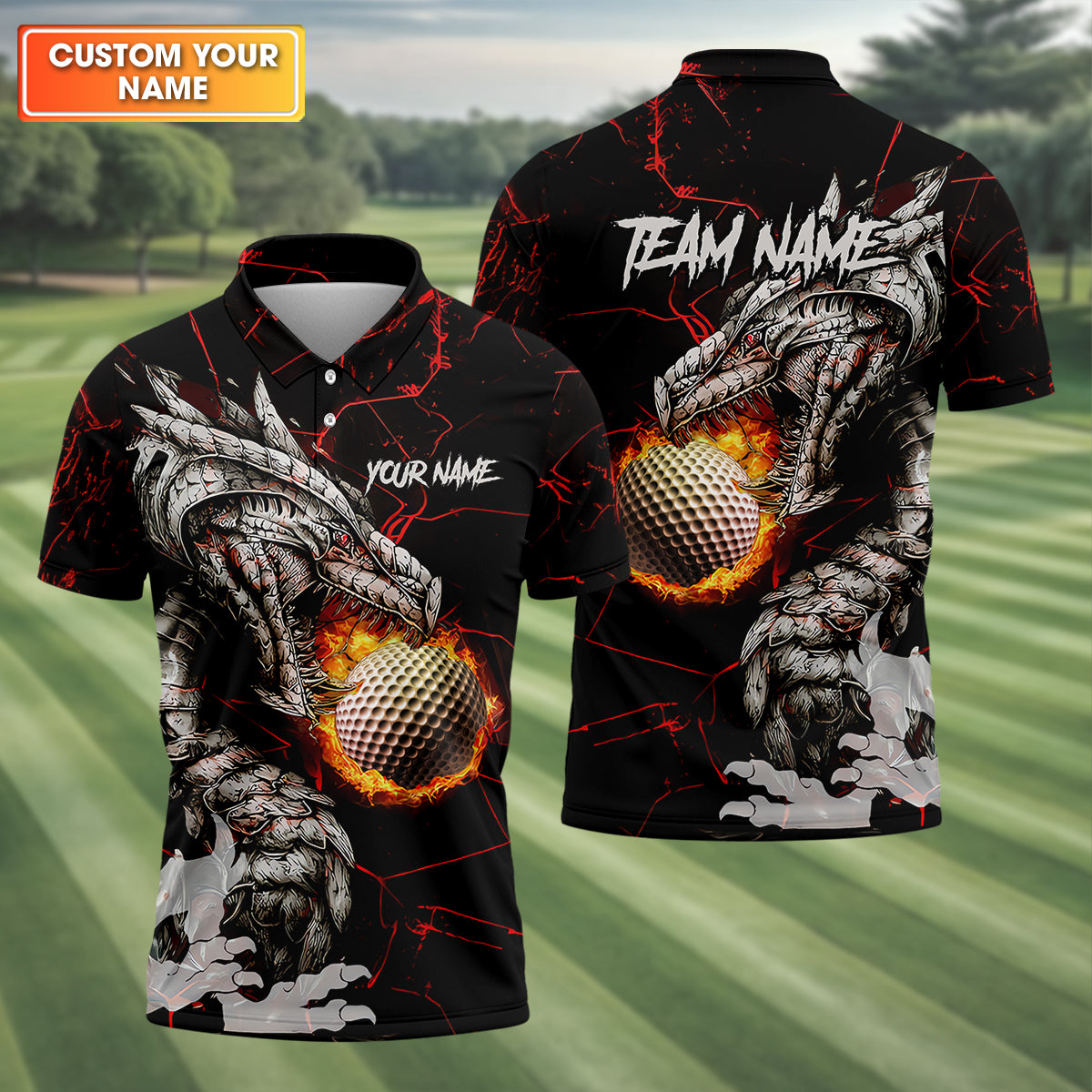 Flaming Dragon Custom Golf Polo Shirt, Dad Golf Gift, Golf Lover Gifts