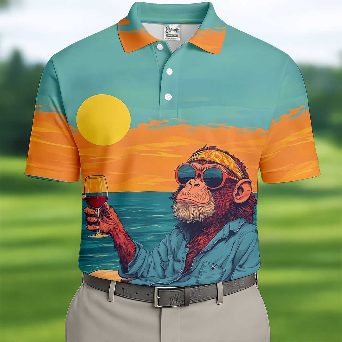 Monkey Gentleman Sunset Coast Hawaiian Golf Shirt, Men's Golf Shirt, Polo Shirts For Men