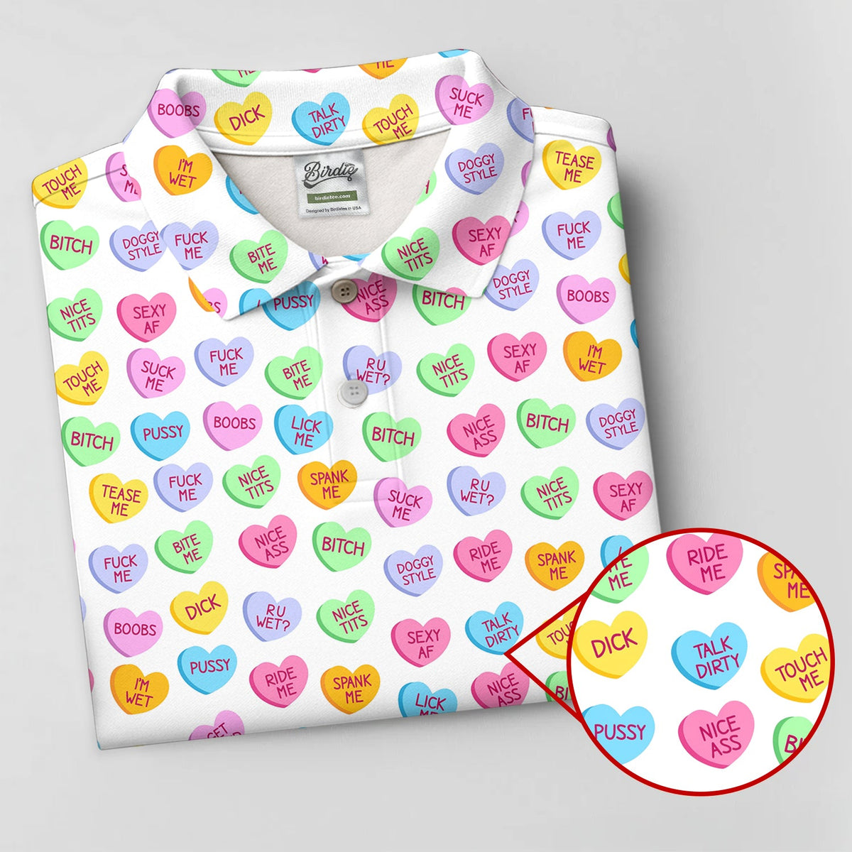 Naughty Conversation Hearts Fun Golf Shirts For Men, Valentines Golf Gift, Dirty Candy Heart Polo Shirts For Men