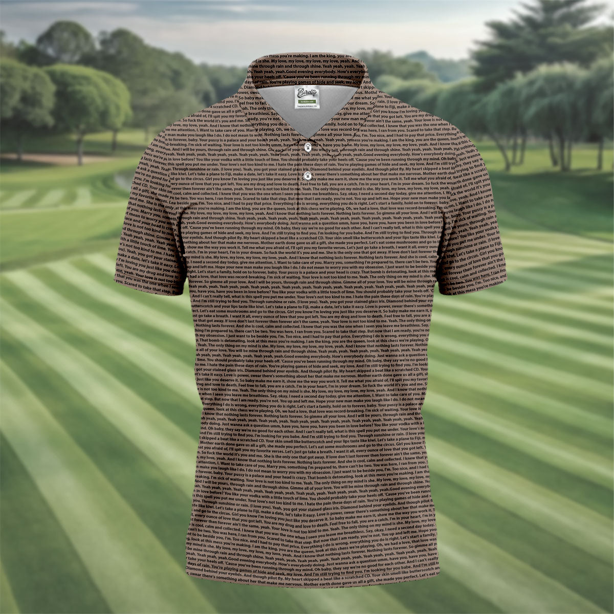 Cream Text Pattern Golf Polo Shirt, Golf Shirts For Men, Printed Golf Shirts