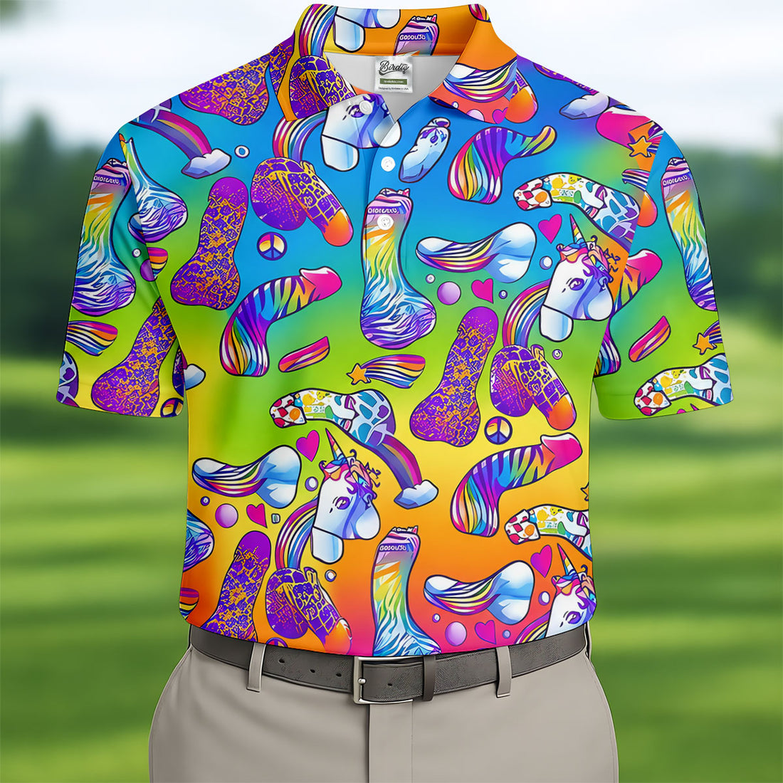 Funny Colorful Golf Shirt, Dirty Humor Rainbow Unicorn Polo Shirt For Men, Eye Catching Golf Fashion Apparel