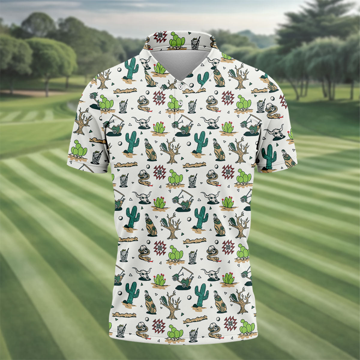 White Desert Golf Icons Pattern Golf Polo Shirt, Hawaiian Golf Shirt, Golf Polo Shirts For Men