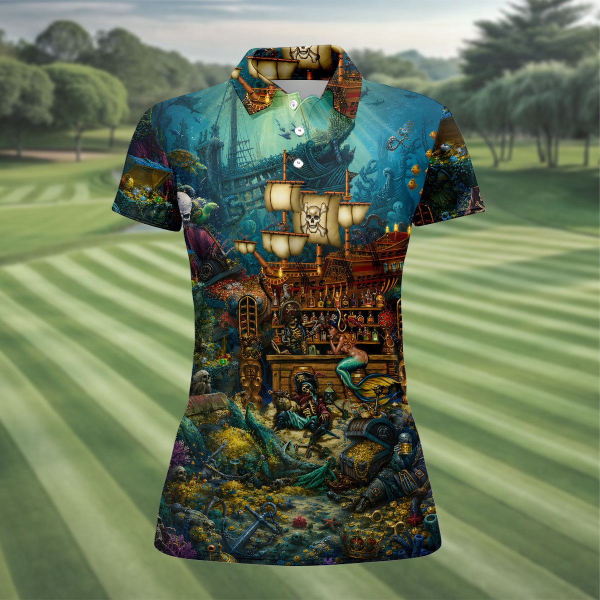 Pirate Life Tiki Pattern Hawaiian Golf Shirt, Women's Golf Tops, Ladies Golf Shirts