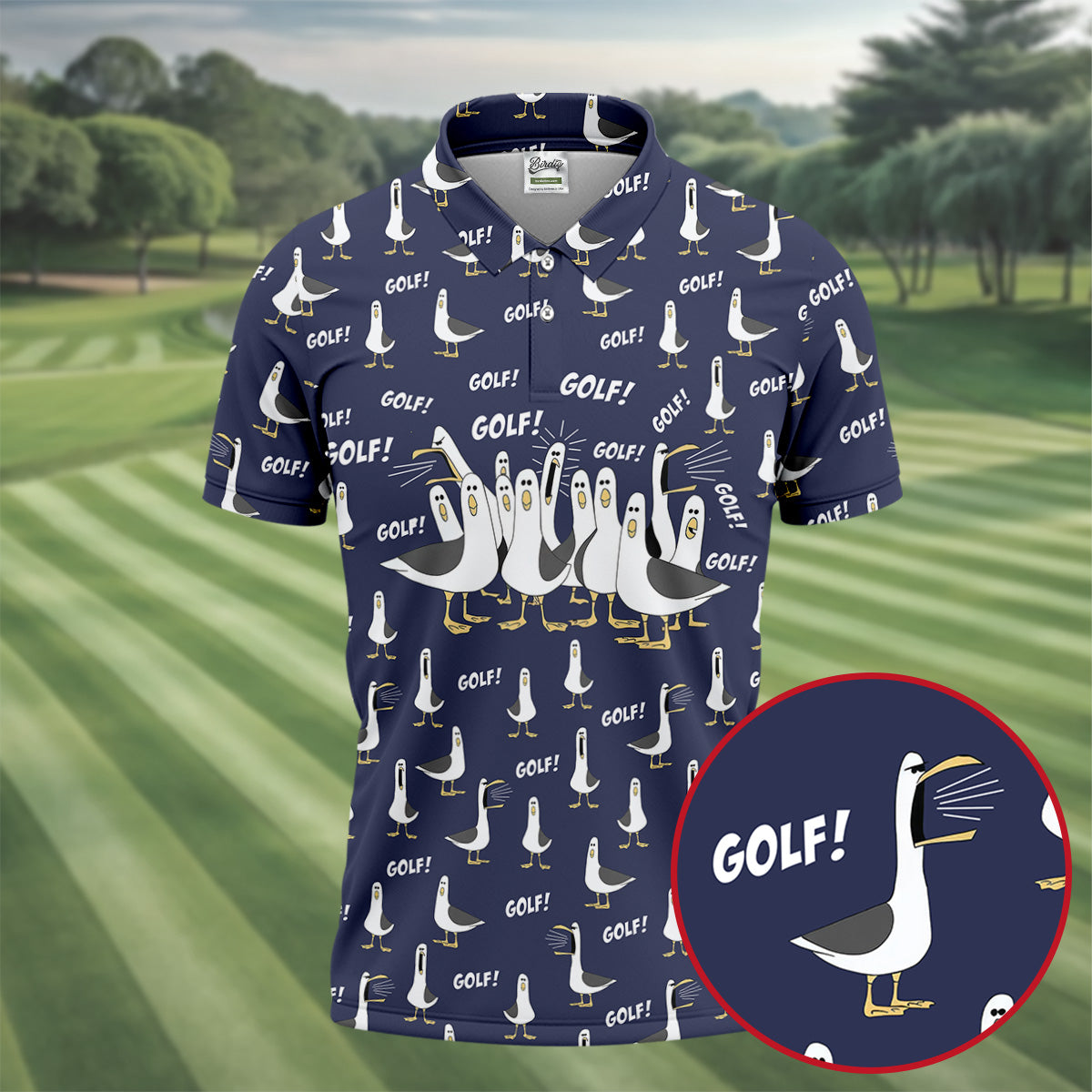 Funny Seagull Halloween Golf Shirt, Cartoon Bird Pattern, Mens Golf Apparel, Hawaiian Golf Shirt