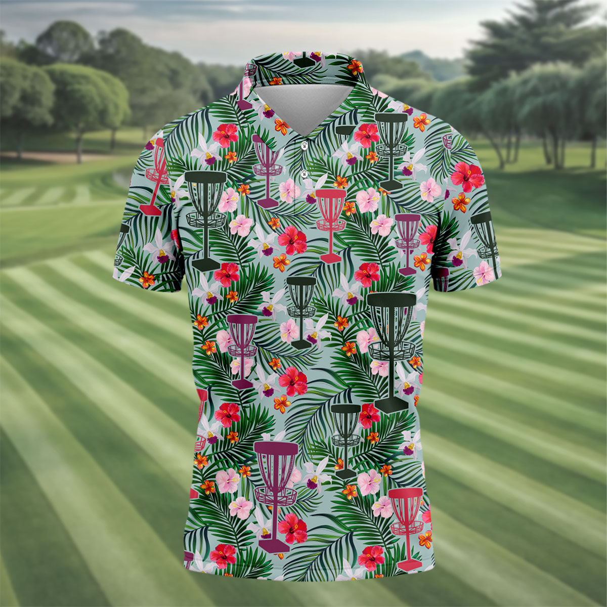 Tropical Disc Golf Basket Floral Polo Shirt, Hawaiian Golf Shirt, Golf Polo Shirts For Men
