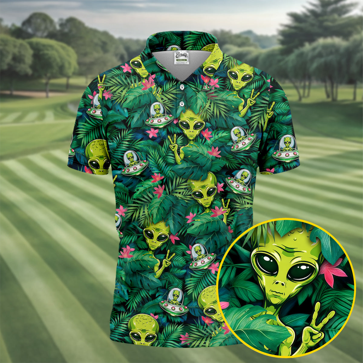 UFO and Alien Tropical Forest Hawaiian Golf Polo, Golf Tops For Men, Golfing Apparel