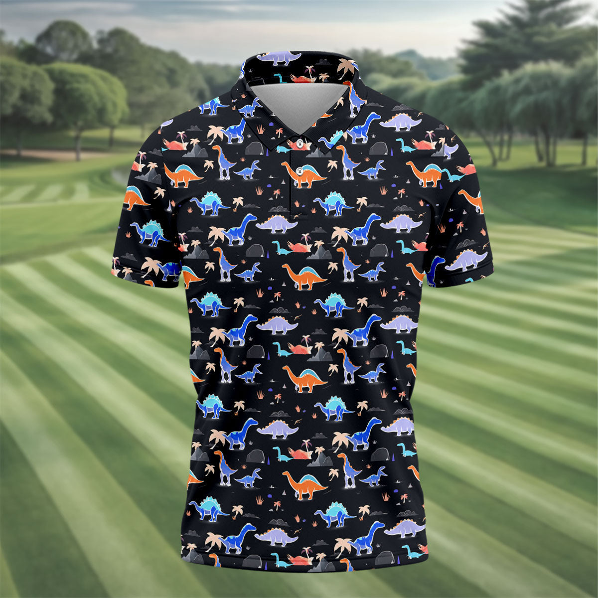 Colorful Dinosaur Hawaiian Golf Shirt, Cute Golf Outfit, Men's Golf Shirt, Polo Shirts For Men