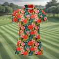 Red Hibicus Gold Palm Leaf Hawaiian Golf Shirt, Summer Theme Golf Shirt For Women