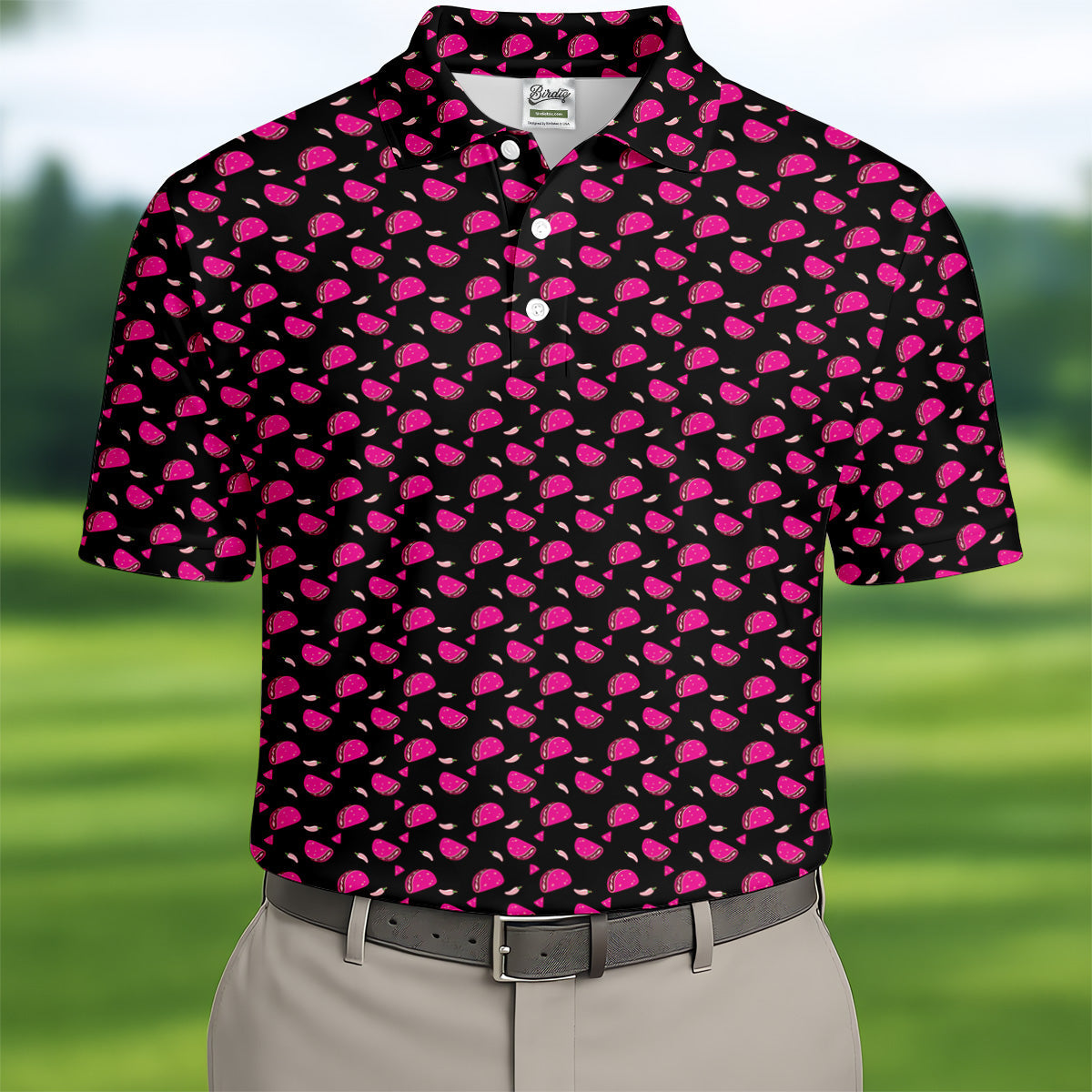 The Pink Taco Seamless Pattern Black Golf Shirt, Golf Tops For Men, Tacos Lover Golf Gift For Men