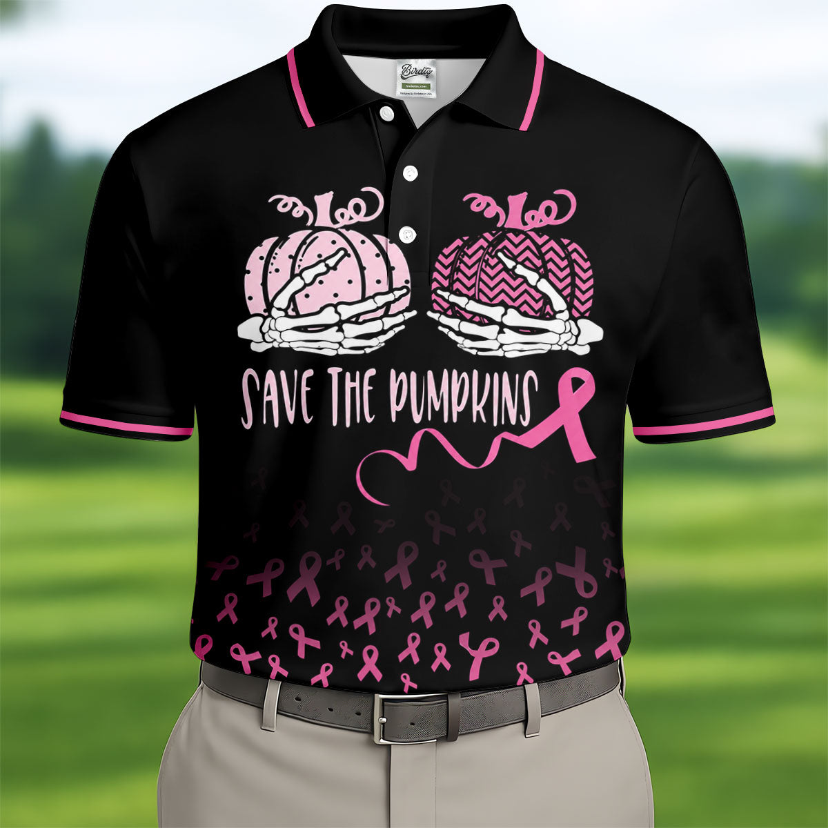 Save The Pumpkins Skeleton Breast Cancer Polo Shirt, Mens Golf Polo, Printed Golf Shirts