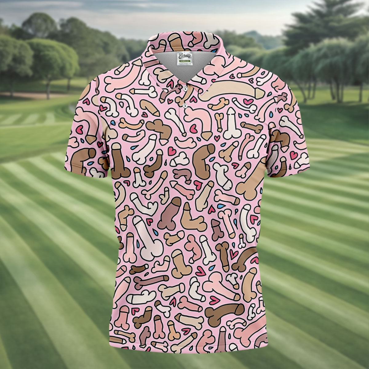 Funny Adult Doodle Pink Pattern Polo Shirt, Mens Golf Polo, Golf Shirts For Men