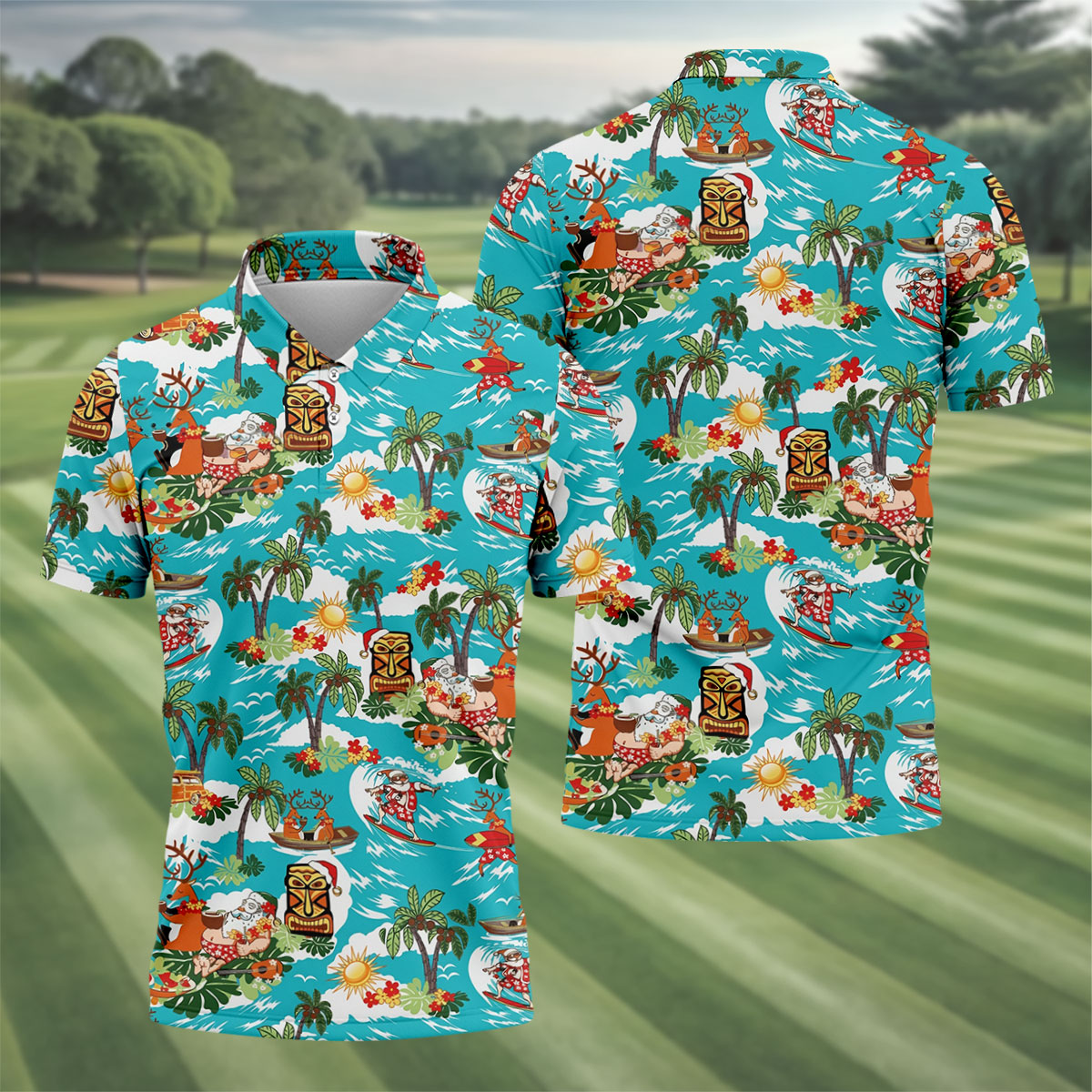 Men's Funny Surfing Santa Hawaiian Golf Shirt, Christmas Golf Shirt, Fun Golf Polo For Men