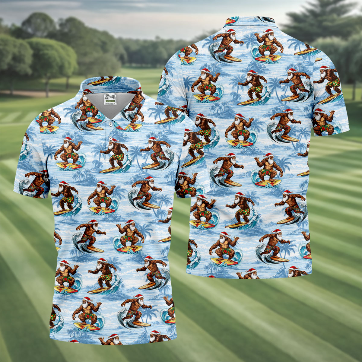 Funny Surfing Santa Bigfoot Christmas Polo Shirt, Mens Golf Polo, Hawaiian Golf Shirt