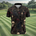 Gothic Raven Black Cat Skull Halloween Polo Shirt, Golf Shirts For Men, Mens Golf Apparel