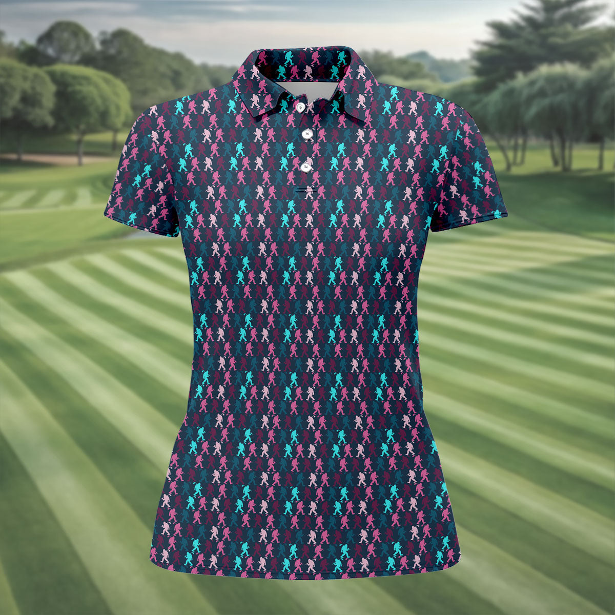 Funny Colorful Bigfoot Golfer Pattern Polo Shirt, Womens Golf Tops, Women’s Golf Apparel