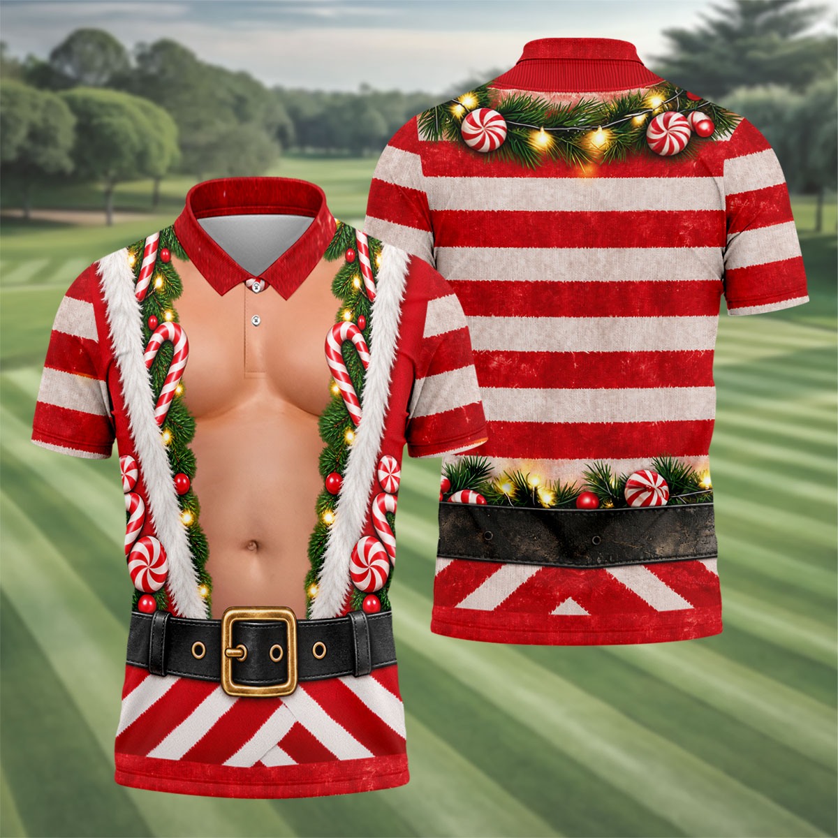 Candy Cane Santa Suit Christmas Golf Shirt, Mens Golf Shirts, Golf Apparel For Men