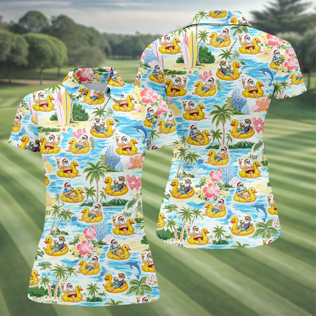 Funny Santa Duck Float Tropical Christmas Polo Shirt, Womens Golf Polo, Hawaiian Golf Shirt