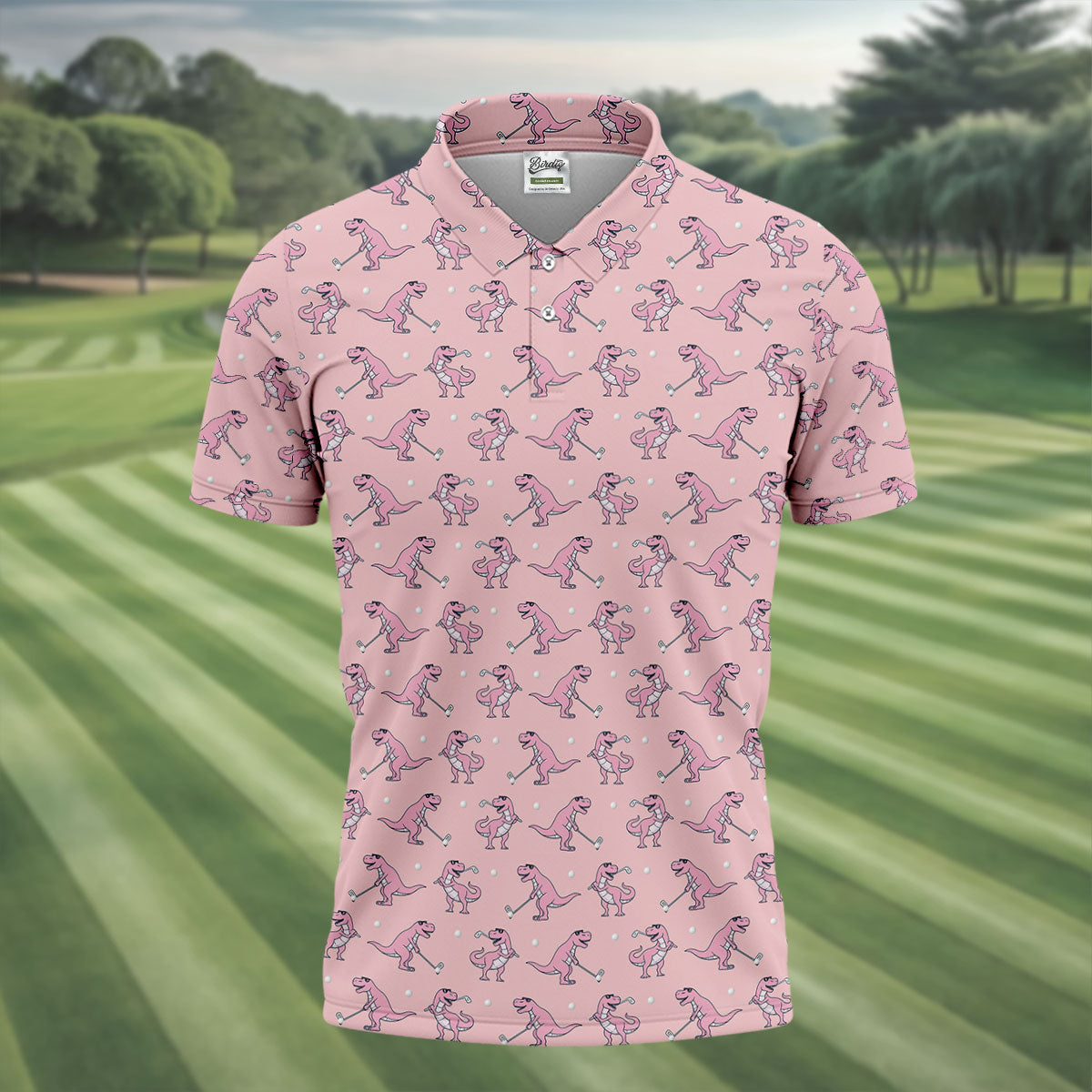 Pink T-Rex Dinosaur Golfer Pattern Golf Polo Shirt, Golf Shirts For Men, Mens Golf Apparel