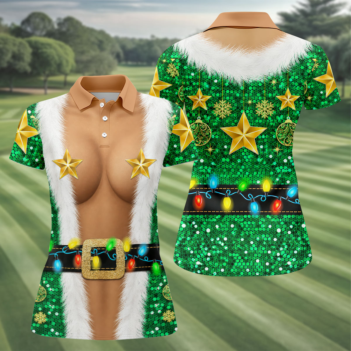 Green Santa Gold Stars Christmas Golf Shirt, Ladies Golf Shirt, Women’s Golf Apparel