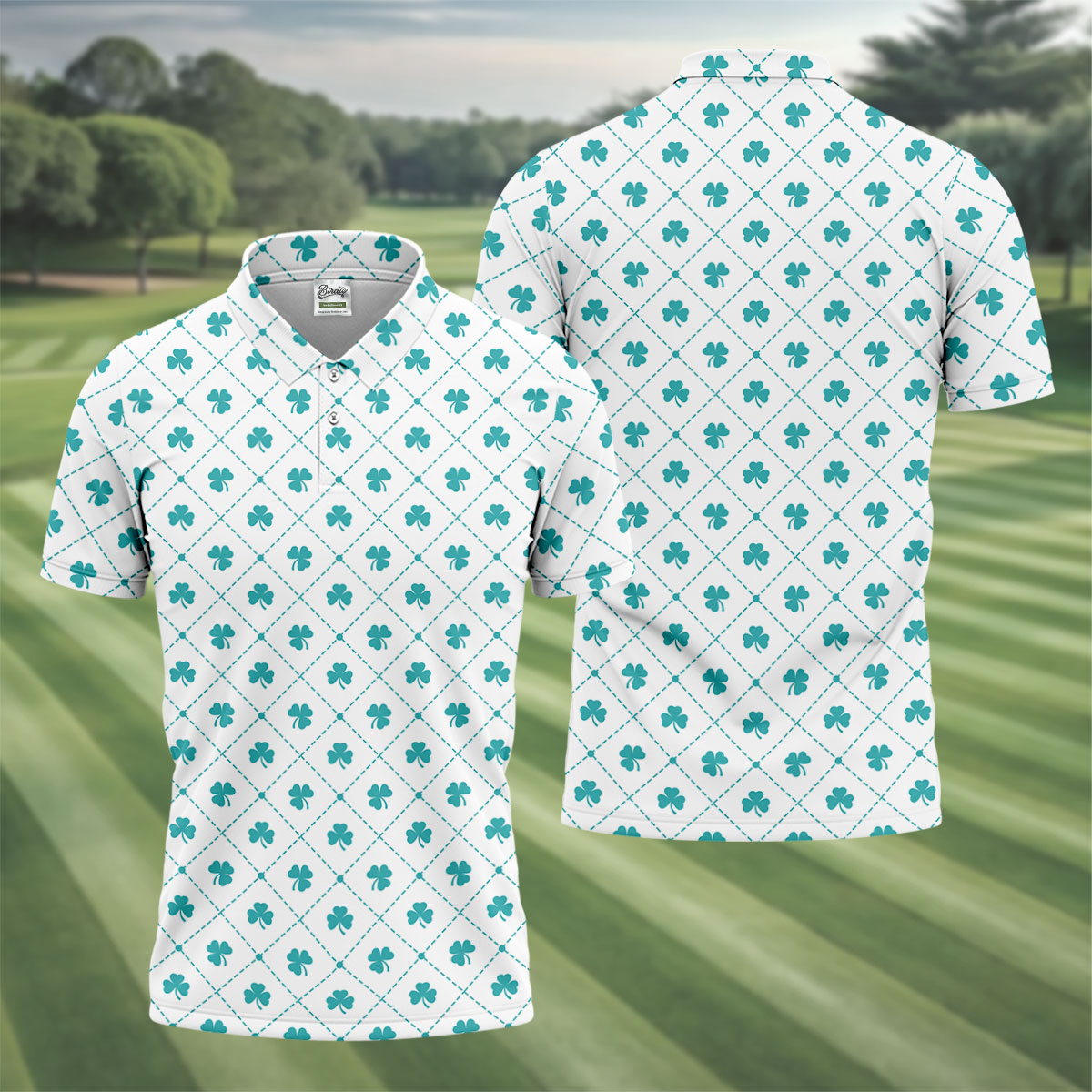 Grid Pattern Shamrock Golf Shirt, St Patrick's Day Golf Tops For Men, Golf Shirts For Men, Polo Shirts For Men