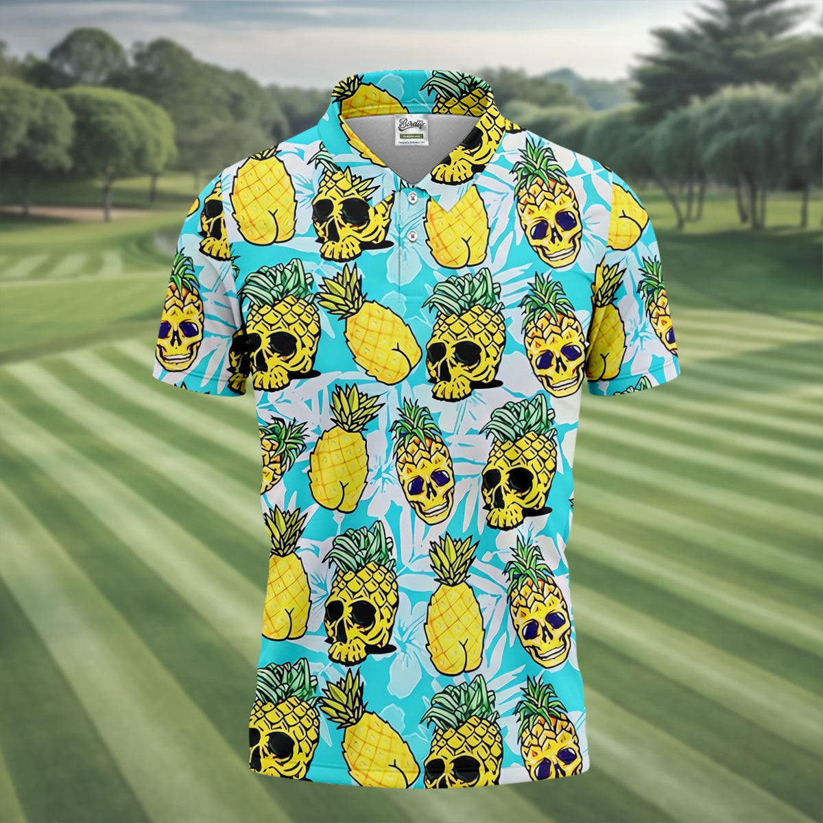 Tropical Pineapple Skull Pattern Golf Shirt, Mens Golf Shirts, Hawaiian Golf Shirt, Golf Apparel For Men