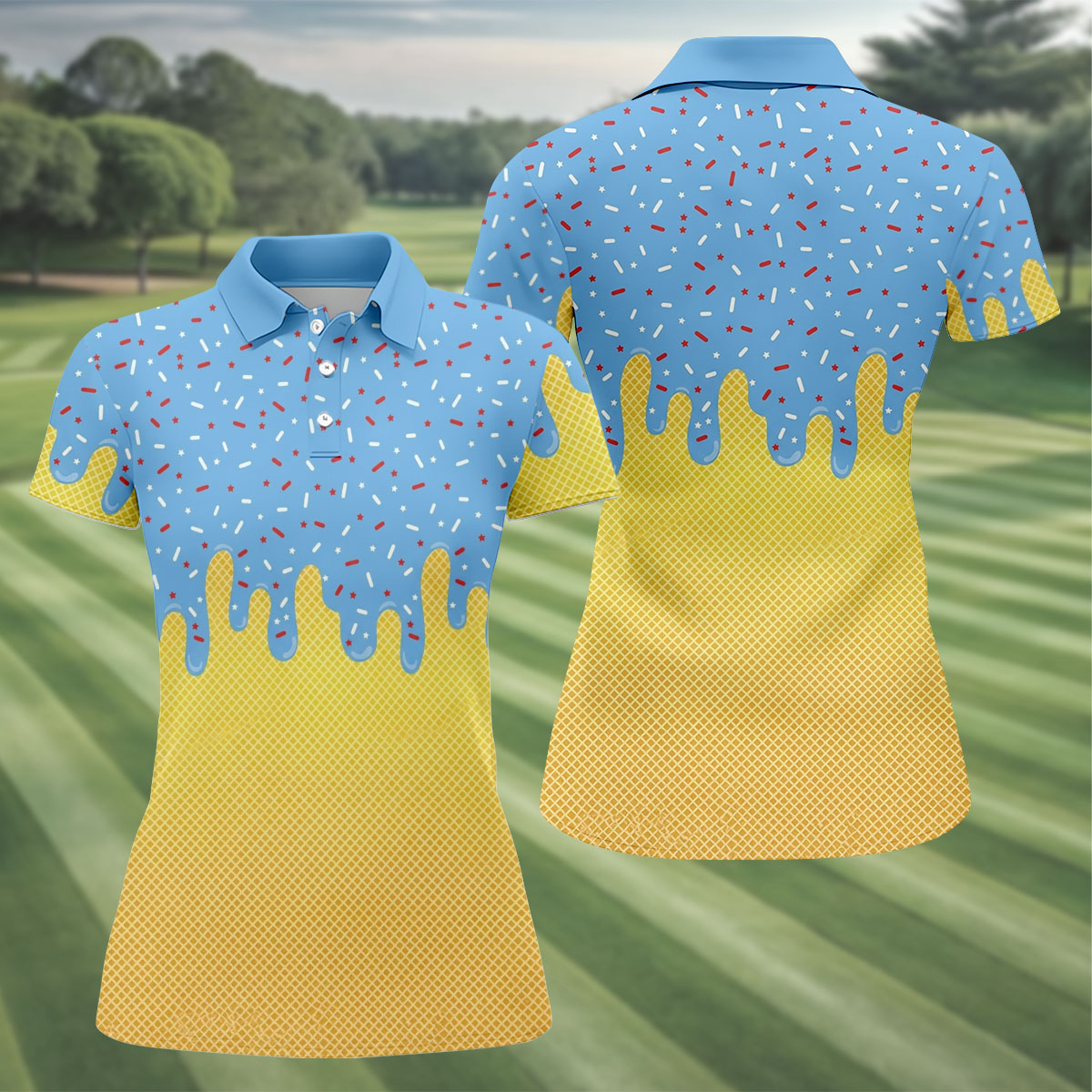 Ice Cream Pattern Hawaiian Golf Shirt, Summer Vibe Women's Golf Tops, Ladies Golf Shirts