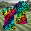 Rainbow Gradient LGBT Support Zebra Pattern Ladies Golf Tops, Pride Month Golf Shirt For Women