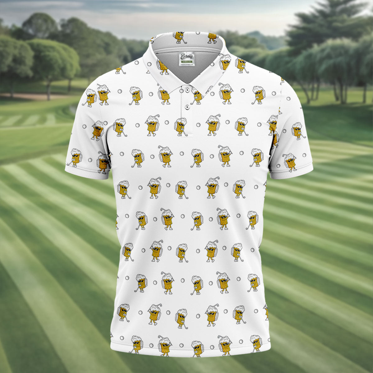 Cartoon Beer Mug Golfer Pattern Golf Polo Shirt, Polo Shirts For Men, Printed Golf Shirts