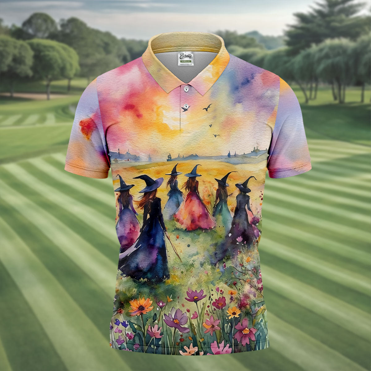 Watercolor Witch Gathering Halloween Golf Polo Shirt, Printed Golf Shirts, Golf Polo Shirts For Men