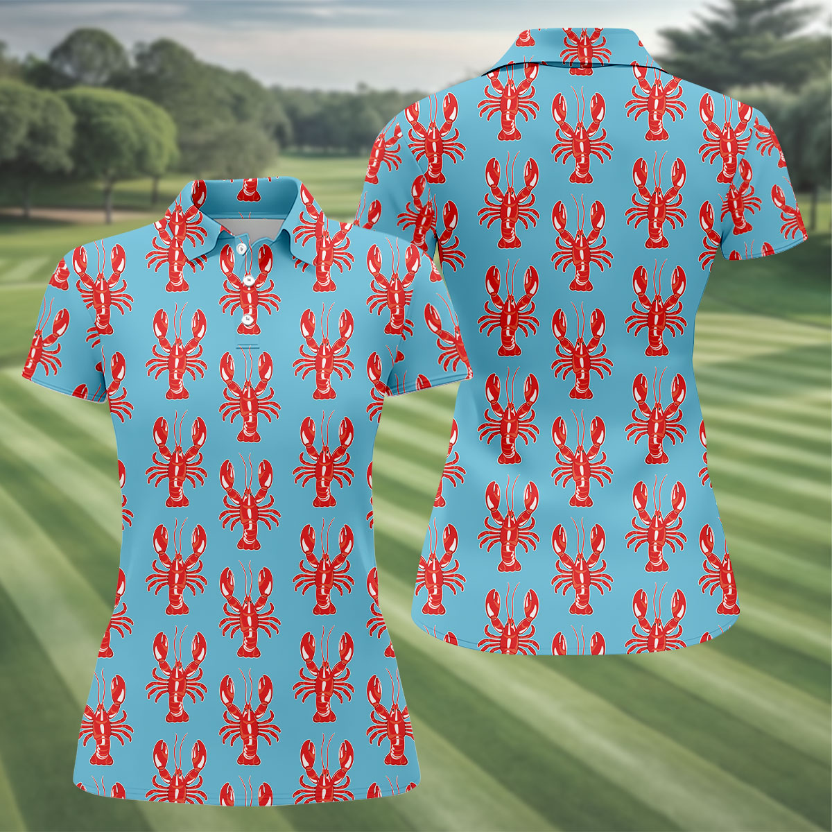 Big Red Lobster Hawaiian Golf Shirt, Retro Golf Shirt, Women's Golf Tops, Ladies Golf Shirts