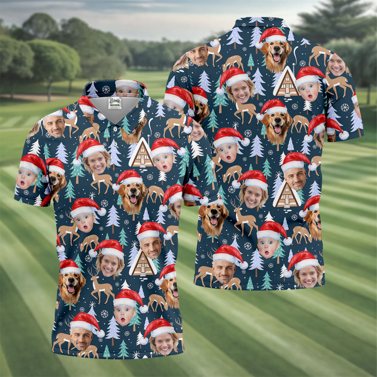 Custom Face Pine Tree Reindeer Dark Teal Green Christmas Golf Shirt, Golf Shirts For Men, Golf Gift For Men